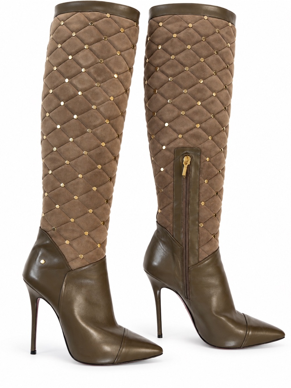 Cesare Paciotti Quilted Olive Brown Over-the-Knee Stiletto Boots